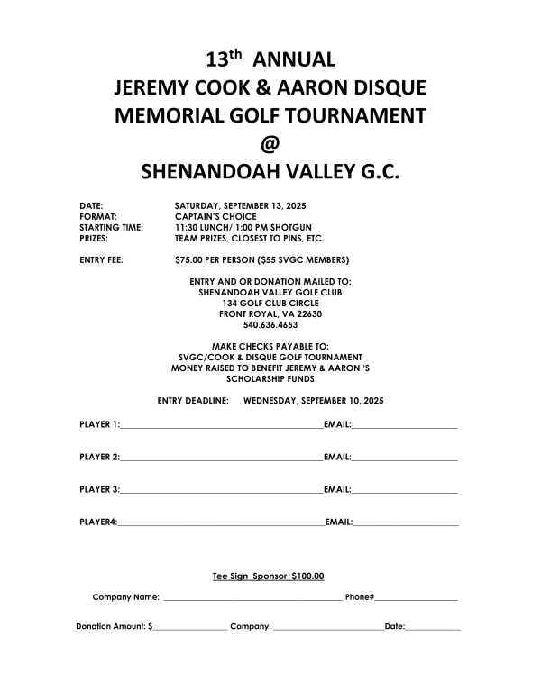 13th Annual Jeremy Cook & Aaron Disque Memorial Golf Tournament